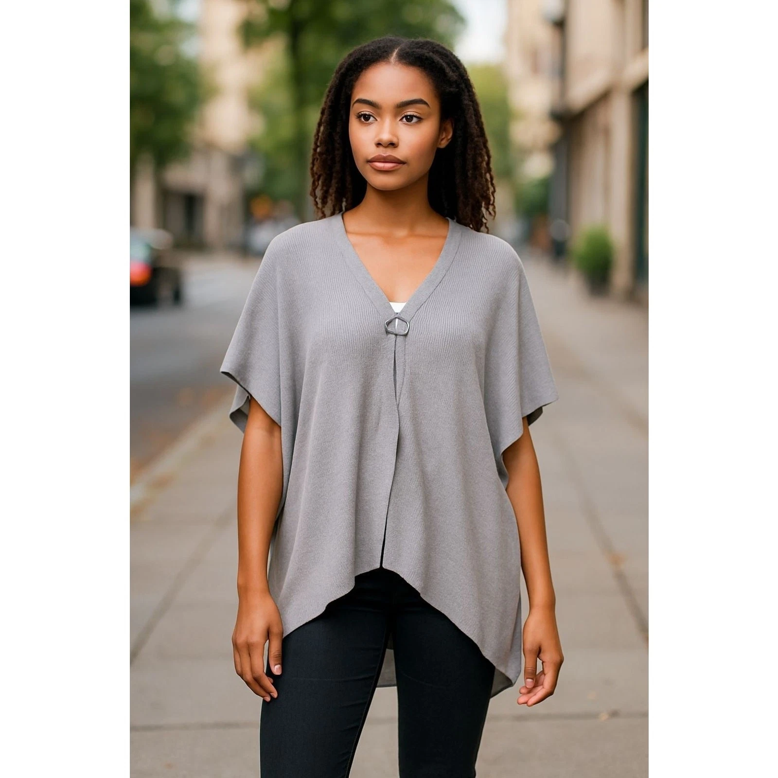 NWT Coastal Boho Poncho Soft Knit GRAY Minimalist Lagenlook Sm