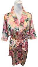 NEW David's Bridal  Bride  Floral Pastel Satin Robe With Tie S/M Glitter Silky