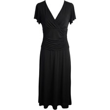 Dressbarn Midi Dress Women 4 Black Ruched V-Neck Flutter Sleeve A-Line