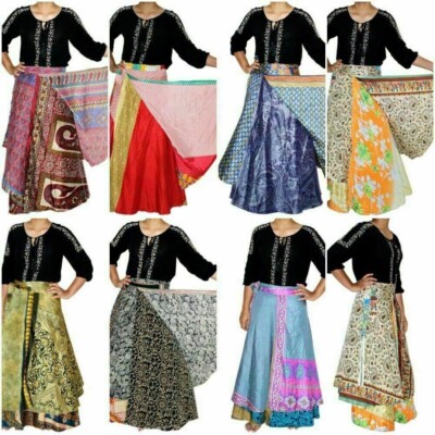 Silk Sari Wrap Skirt Reversible Two Layer Bohemian Skirts Wholesale Lot 5