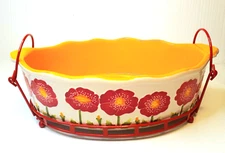 Temptations Red Poppy Iced Oval Casserole Dish 3 QT Wire Basket Trivet w/Handles