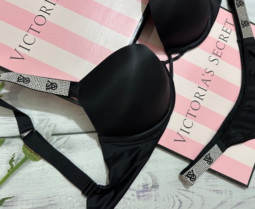 Victoria's Secret Shine Strap Bombshell +2 cups Push Up Bra Garter Thong Set - Picture 5 of 7