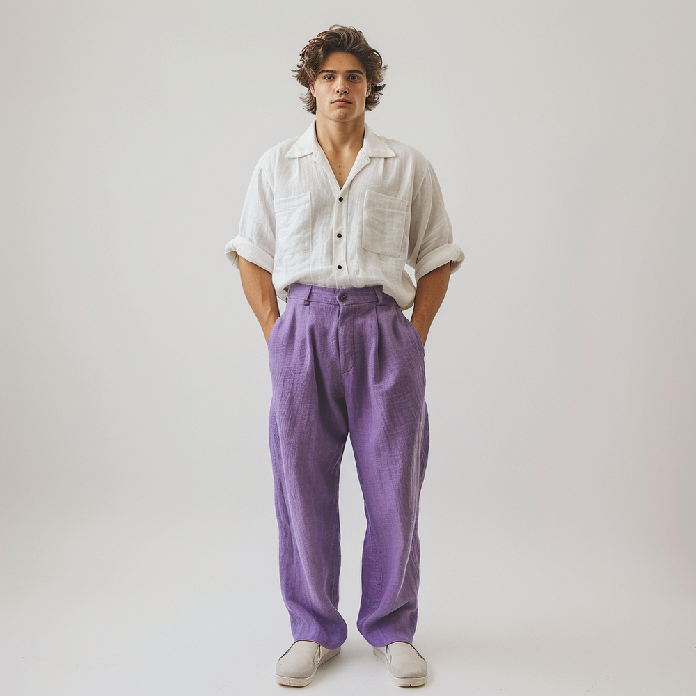 Purple Lavendor Fine Linen Button &Slash Pocket Handmade Trousers Pant for Men's