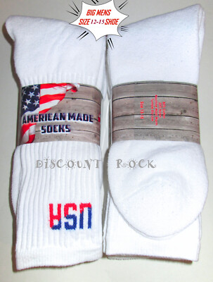 12 Pairs Big Mens Extended Size 12-15 Soft Cotton Blend White Crew Socks US Made