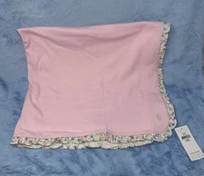 Ralph Lauren Pink striped cotton baby receiving blanket floral edge ruffle white