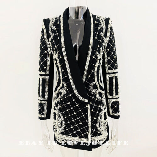 New Handmade Mini Blazer Black Dress Long Elegant Embroidered Jacket Beaded - Picture 20 of 23