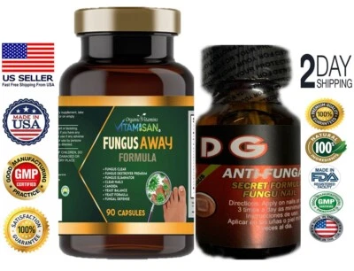 ORGANIC VITAMINS PURE & HEALTH Fungus away Clear Topical Formula Anti-Fungal Solution w/ Essential Oils & caps