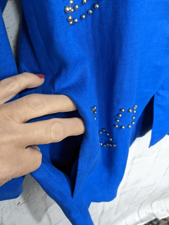 Adam Douglas Adrianna Papell 100% Linen Blazer M Medium Blue Gold Studded NWT - Image 2 of 4