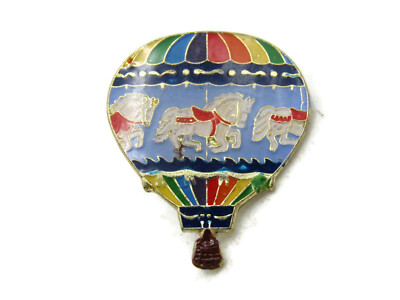 Hot Air Balloon Pin Carousel Horses Rainbow Colors Gold Tone