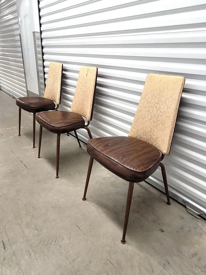 Винтажный 50-х 60-х середины века современный столовой кухни деревянные виниловые стулья набор из 3 - Изображение 3 из 4