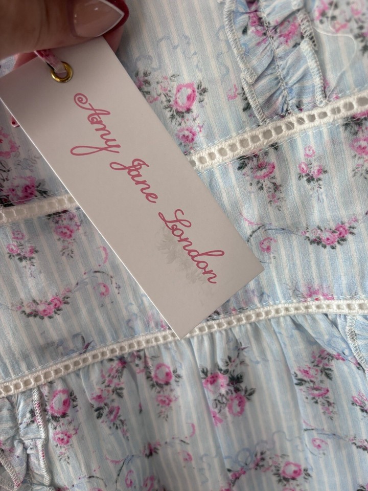 Amy Jane London Blue With Pink Flower Short Sleeve Midi Dress New XS eBay