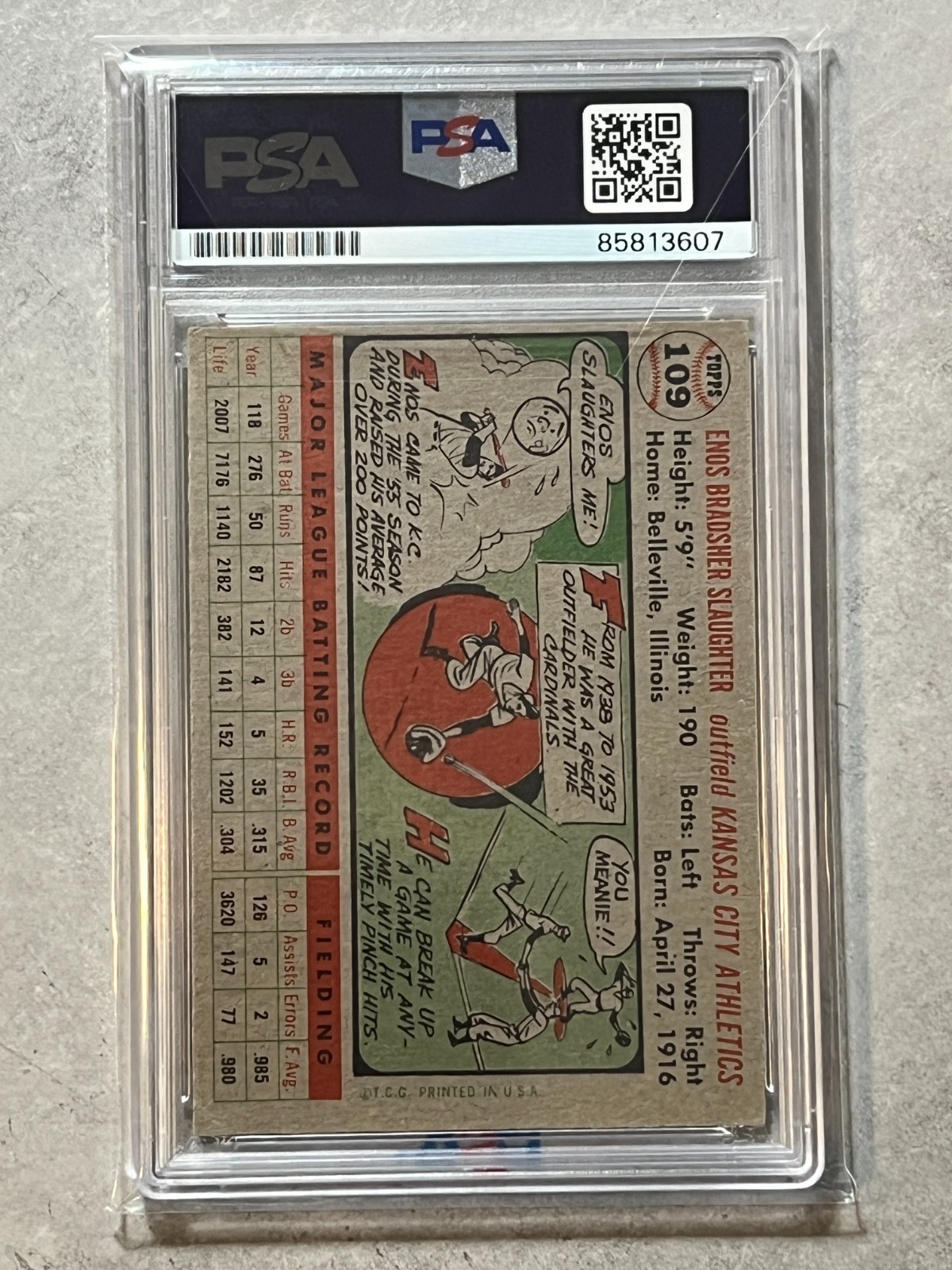 1956 Topps Enos Slaughter On Card Auto #109 Kansas City Athletics PSA/DNA Cert view 2
