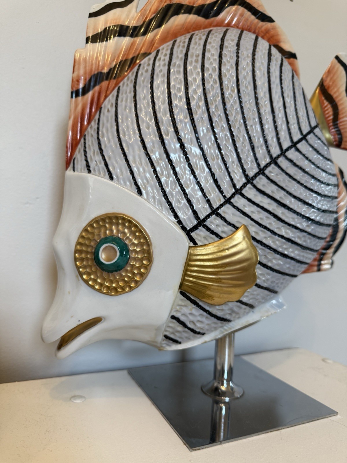 1980s Oggetti Mangani Nautical Fish Porcelain Sculpture Large 17" on Stand