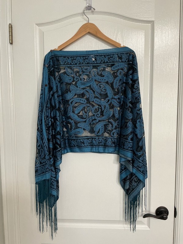 Kokomo  7-Way Scarf Teal & Black Paisley Print with Fringe One Size