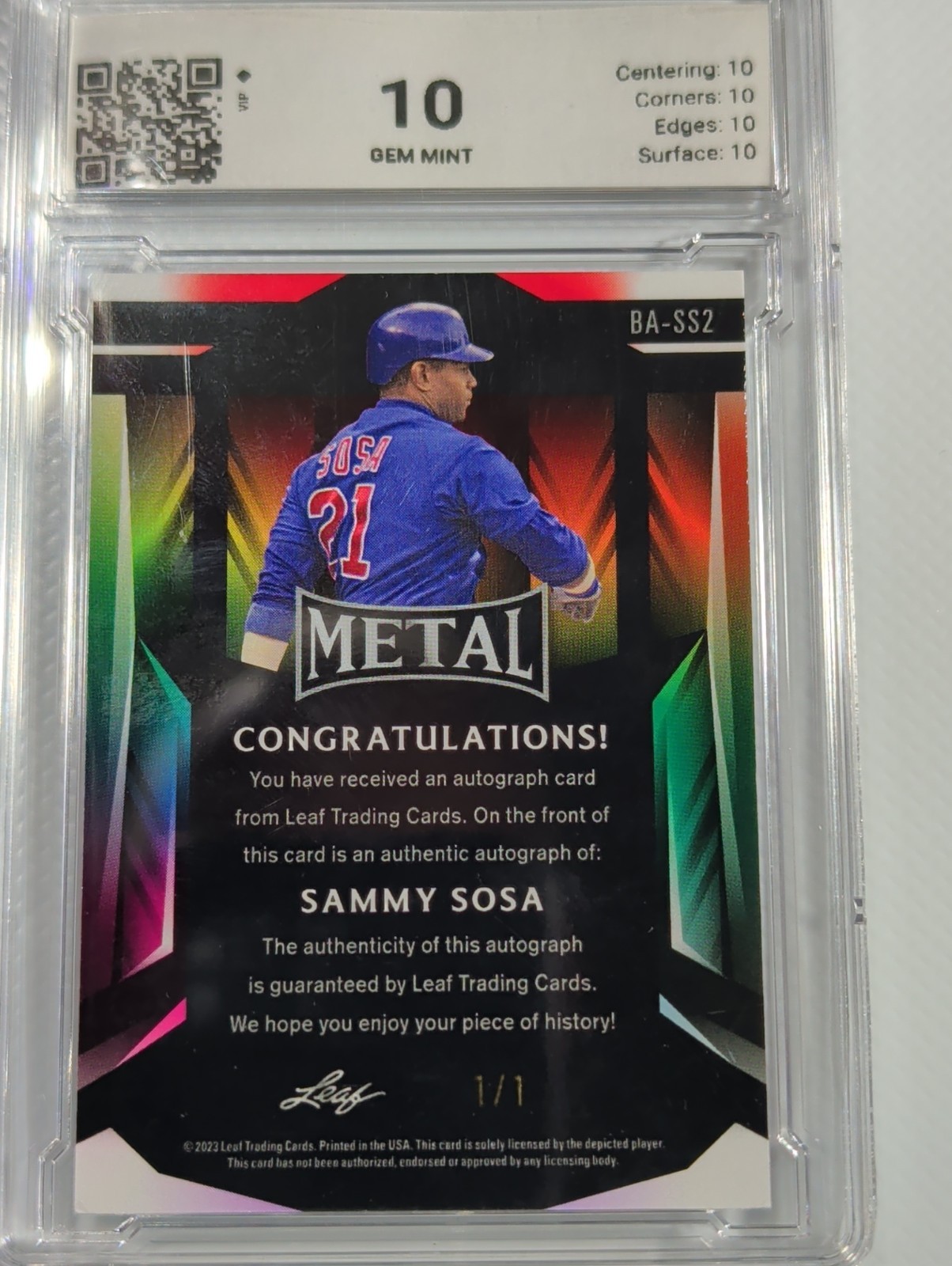 Sammy Sosa 2022 Leaf Metal 1/1 auto view 2