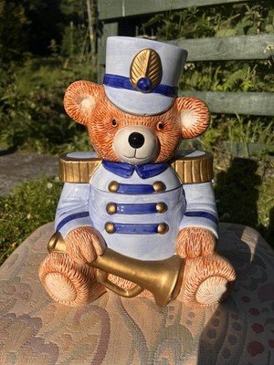 Vintage Teddybär Spielzeug Soldat Keksdose Keramik Aufbewahrung Topf Sammlerstück GROSS A+