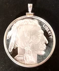 Indian Buffalo (1) One Troy Oz .999 Silver Round Pendant Sterling Bezel Necklace