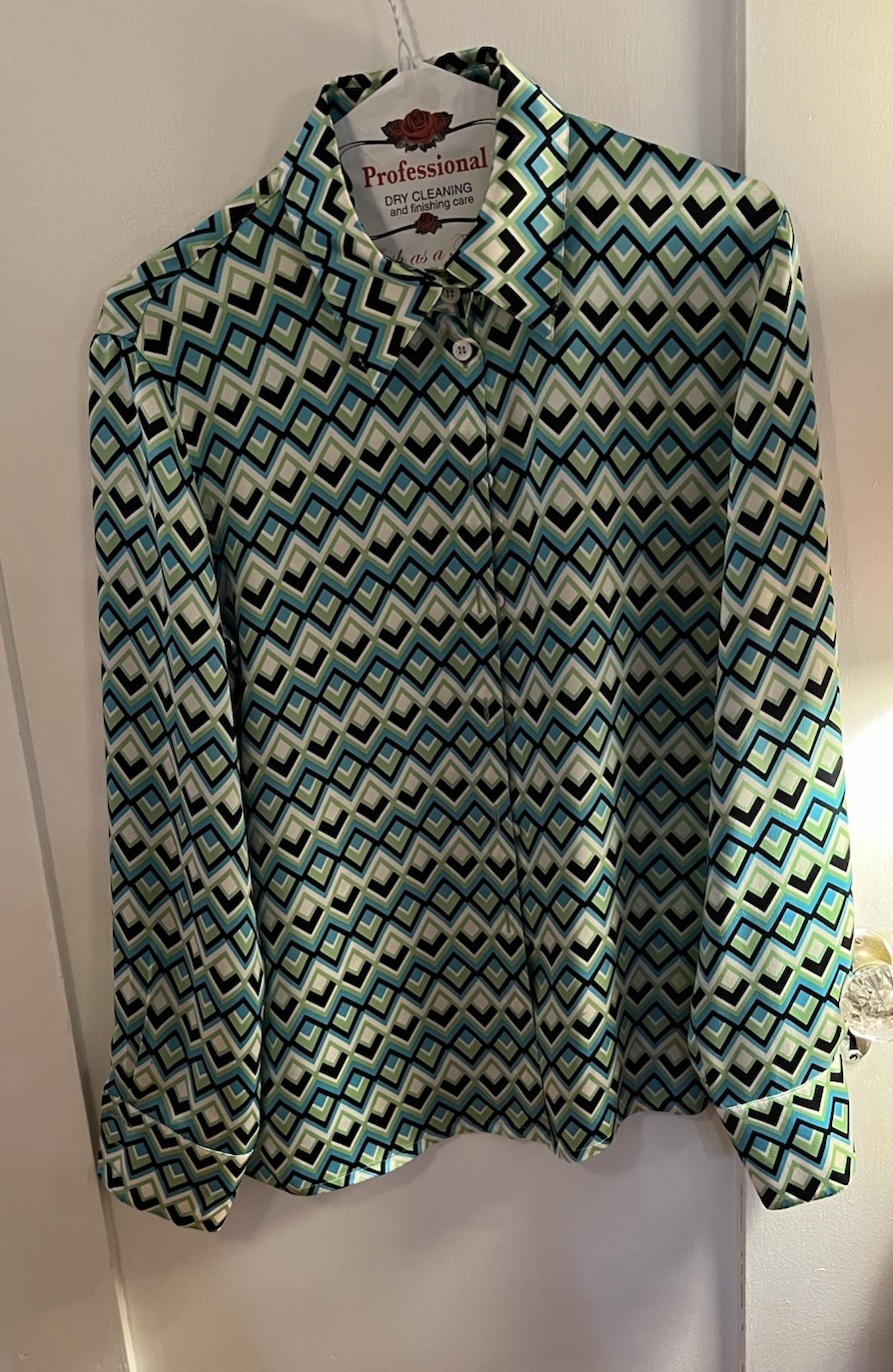 Escada Silk Button Blouse Geometric Pattern  Gree… - image 1