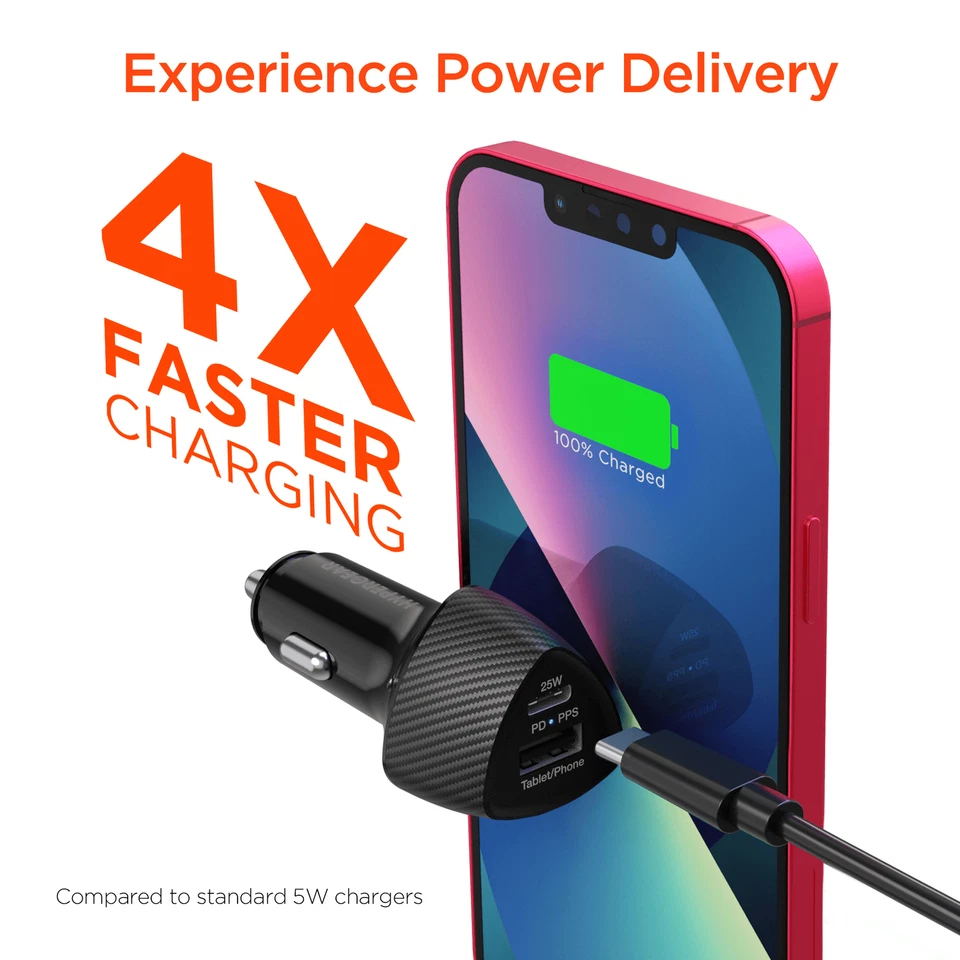 Зарядное устройство автомобильное быстрое HyperGear SpeedBoost 25 Вт USB-C PD + 12 Вт USB с PPS и светодиодами - Изображение 2 из 4