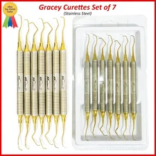 Set Of 7 Surgical Gracey Curettes Dental Periodontal Instruments Gold Tips