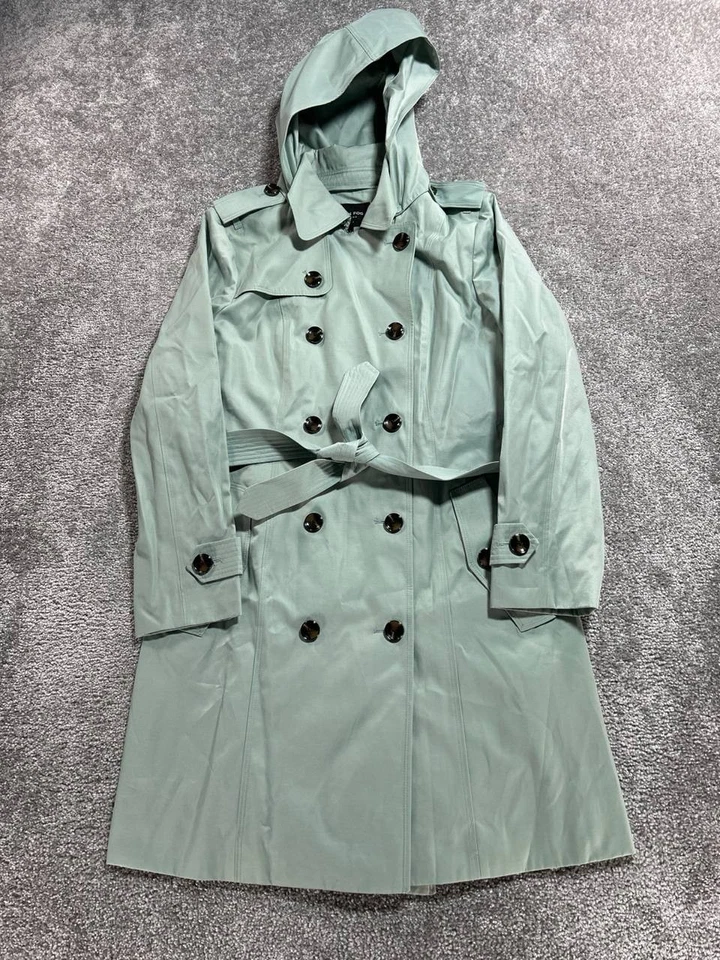 London Fog Trench Coat Womens Large Green Cotton Double Breasted Belted Hooded - Image 2 of 4