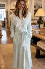 Vintage Vanity Fair Soft Sea Foam Embroidered Robe Ruffled Trim Belt Pockets M