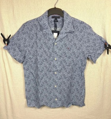 Tommy Hilfiger Herren Hemd Regular Fit Größe M Blau Wellenmuster Kurzarm Neu mit Etikett