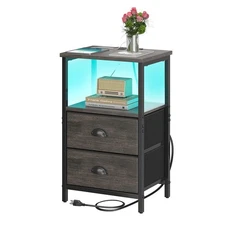 Nightstand with Charging Station, LED Night Stand with 2 Fabric Drawers, Beds...