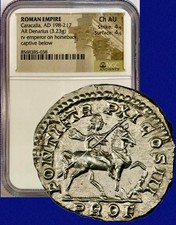 198-217 AD Caracalla w/ Horseback Ancient Roman Silver Denarius NGC Choice AU