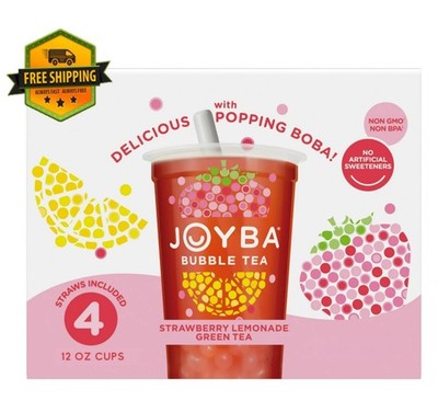 Joyba Strawberry Lemonade Green Tea Bubble Tea, 12 fl oz Cups (Pack of 4)