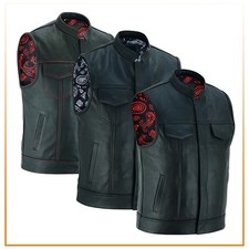 Men  s Leather Biker Vest Motorcycle Club Style with Paisley Lining Sleeveless