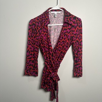 Diane Von Furstenberg Vintage Silk Wrap Top - Animal Print - Size 6 Women s Pink