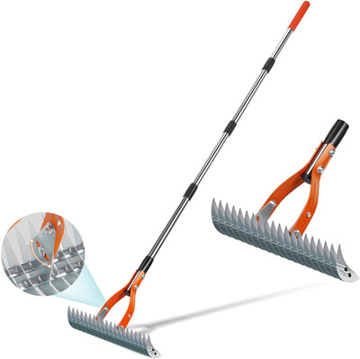 Thatch Rake for Lawns,  15'' Heavy Duty Metal Dethatcher Rake with 5FT Handle, 70