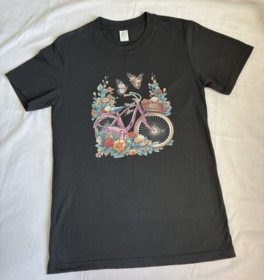 QUALITY FASHION Black Knit Short Sleeve Bicycle Butterfly Floral T-Shirt S