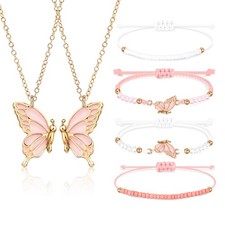 BFF Necklace  Bracelets - 2 Butterfly Friendship Set - Pink White-Gold