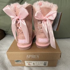 APRES by LAMO Girls' Pink Snow Boots Bow Fur Zip Mid-Calf US 7C EU 23.5