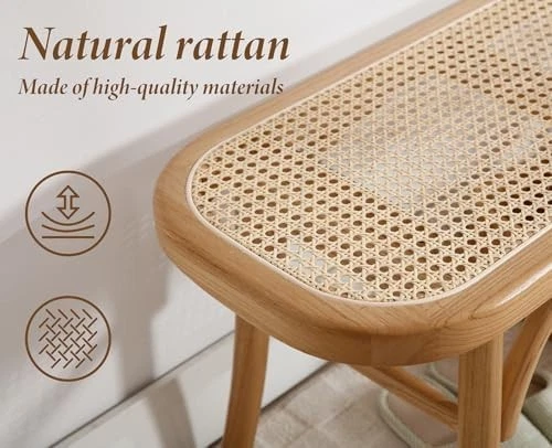 Natural Rattan Ottoman Bench with Wood Legs – Retro Hallway & Dining Seat - Image 2 of 4