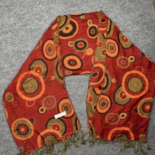 Pashmina Silk Scarf Wrap Red Orange Retro Geometric Circles Fringed Edge 63x25.5