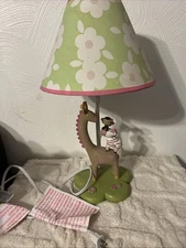 Kids Nursery Safari Theme Table Lamp Floral Giraffe Monkey Pink & Green