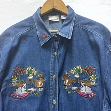 Vintage 90s Bobbie Brooks Cat Embroidered Chambray Shirt XL Blue Button Up Denim