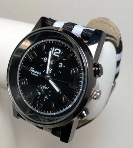 NEW Geneva Platinum 2290 Men's Faux Chrono Black & White Striped Nylon Watch
