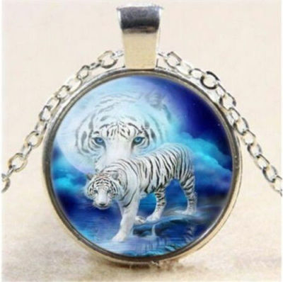 WHITE TIGER CAT ANIMAL   pendant Silver 20'' Necklace women mom FREE BOX FEMALE