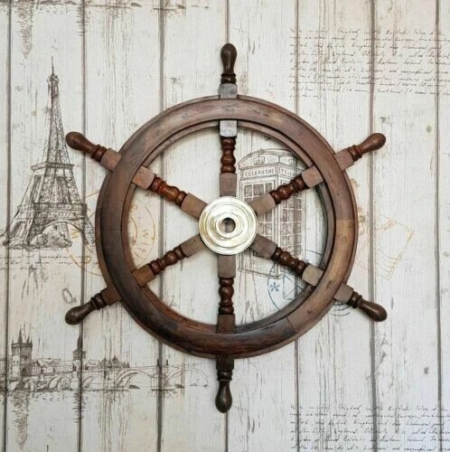 18 Inch Brown Wooden Nautical Boat Ship Wheel Wall Decor for Home