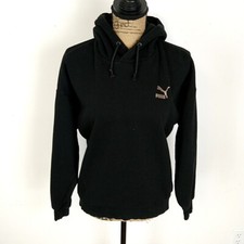 Puma Womens sz S Sweatshirt Solid Black Logo Hooded Pullover Long Slv Spellout