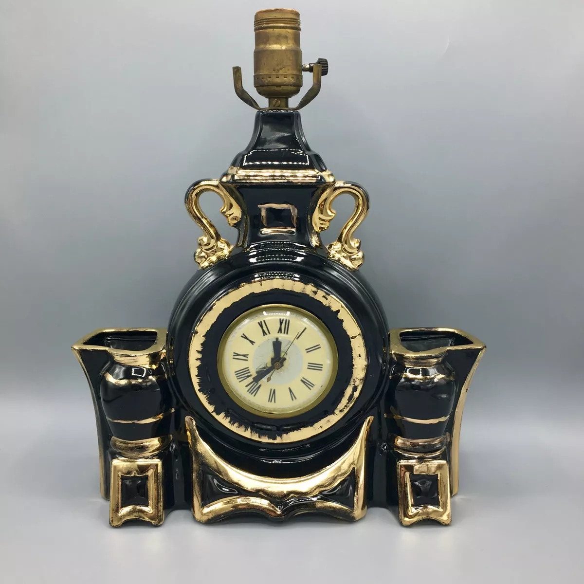 Vintage Lanshire Black Ceramic Gold Plated Lamp with Clock 1950s
