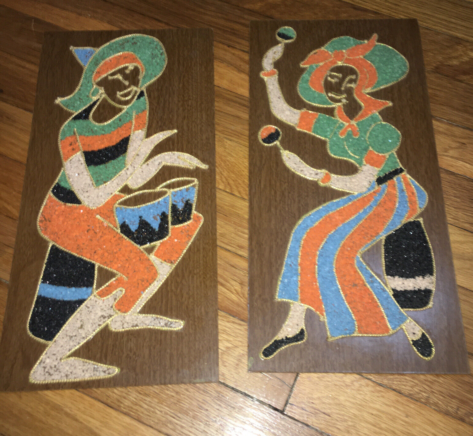 VTG 2 pc Mexican MUSICAL Gravel Wall Art Pictures Bongos Colorful & Gold Outline