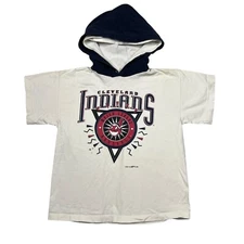 Vintage 90s MLB Cleveland Indians Hooded T-Shirt FLAW White Youth Large 14/16