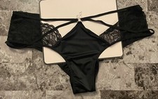 NWT VICTORIA'S SECRET BLACK SATIN SMOOTH STRAPPY LACE GOLD RING CHEEKY PANTIES