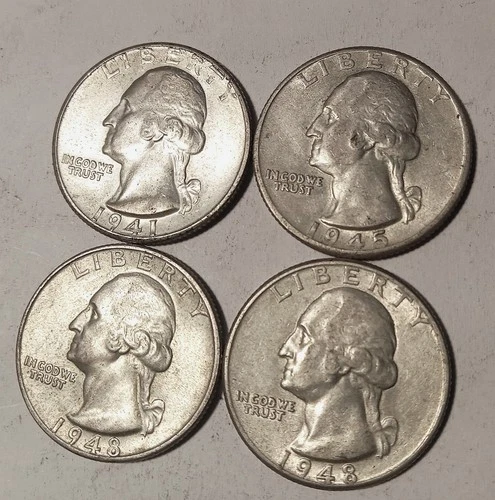 1940s  P D S Washington Silver Quarter 4 coin LOT AU BU FREE SHIPPING