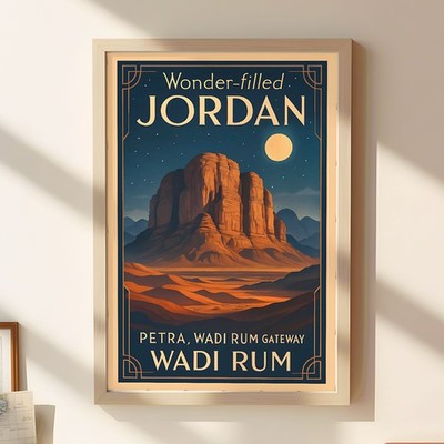 Wadi Rum Night Skies Poster - Vintage Petra Jordan Art Deco Wall Art